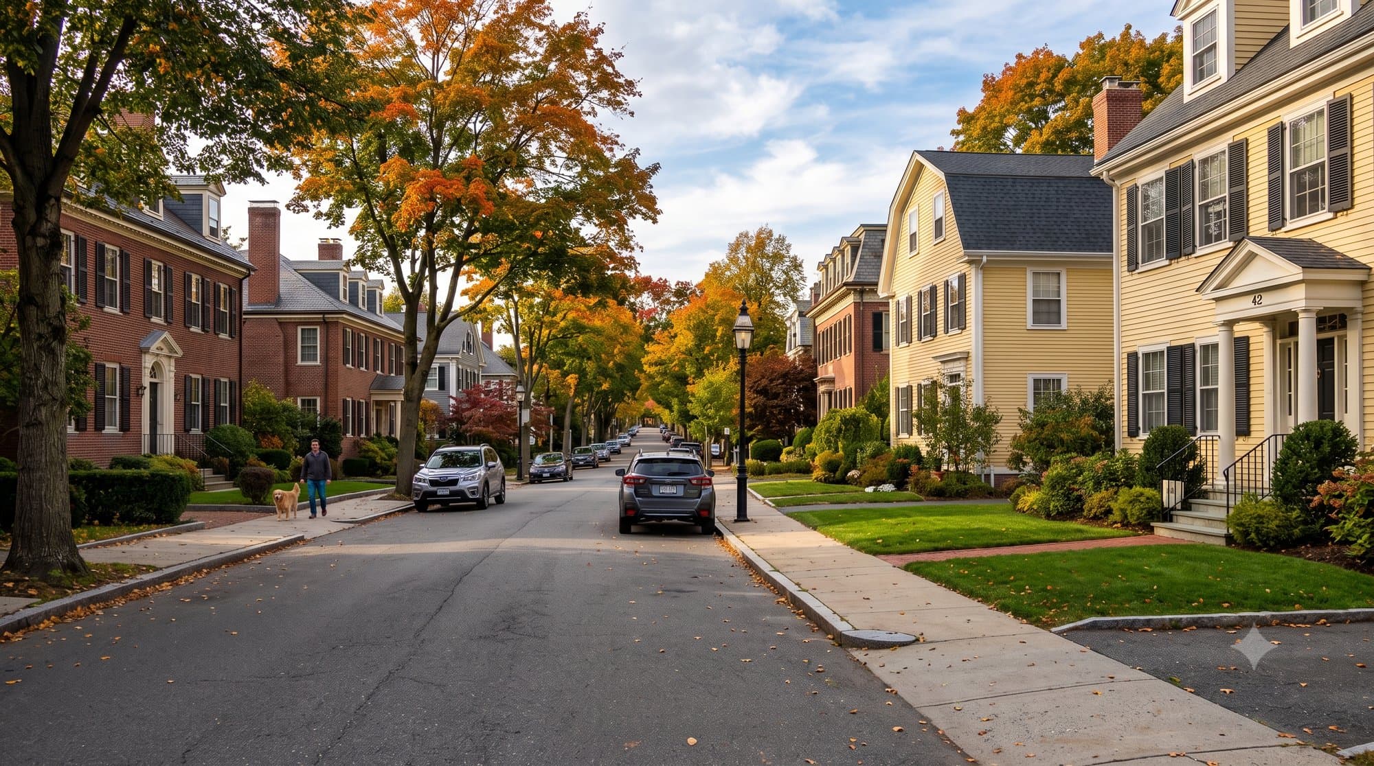 A tree-lined residential street in autumn